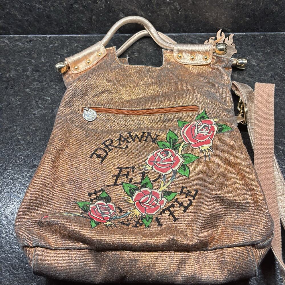 Vintage Y2K Ed Hardy Loves Kills Slowly Skull Roses Large Boho Purse Bag Bronze - Picture 6 of 9